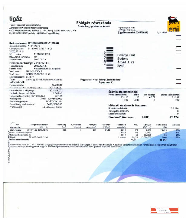 HUNGARY TIGAZ utility bill Word and PDF template